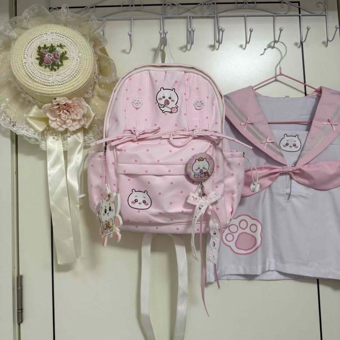 Travel Accessories Pink - Cute Chiikawa Pink Polka Dot Backpack