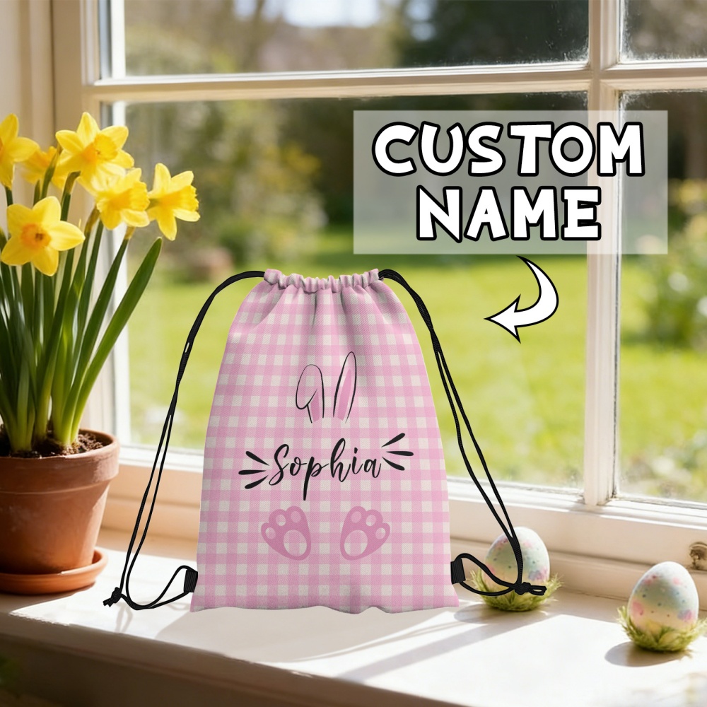 Travel Accessories Pink - Personalized Easter Bunny Drawstring Backpack Custom
